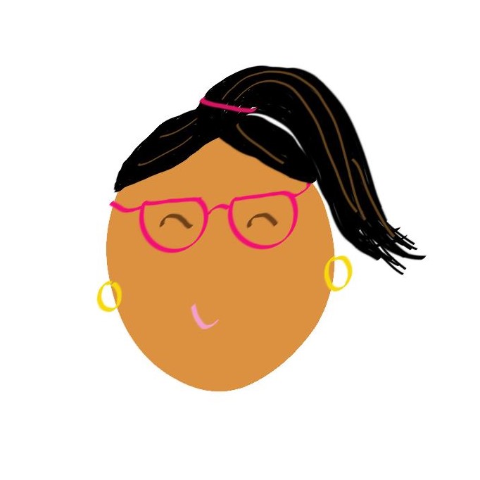 Drawing of Aki, person with red glasses, round gold earrings, and dark hair in a ponytail