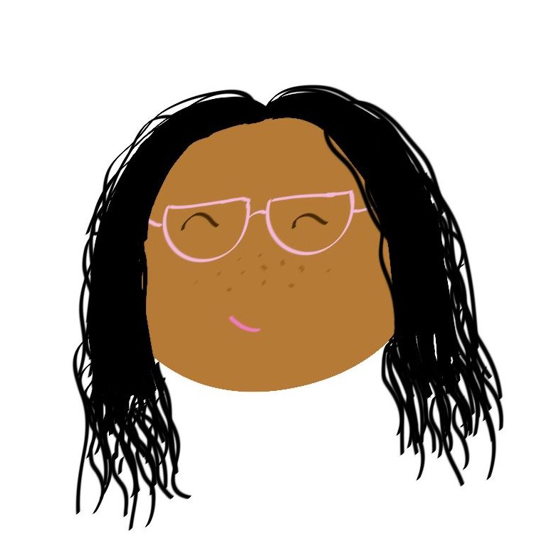 Drawing of Dee, a person with light pink glasses and dark medium-length hair worn down 