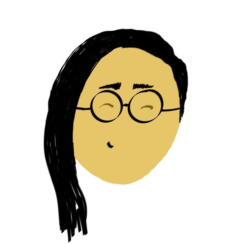 Drawing of Jon, a person with dark round glasses and long black hair worn down.